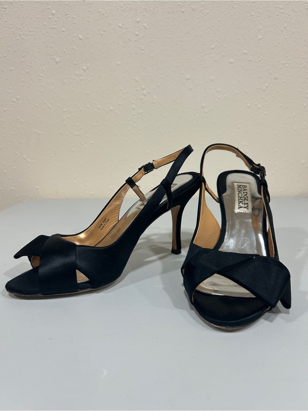 Badgley Mischka Black Satin Peep-Toe Slingback Heels